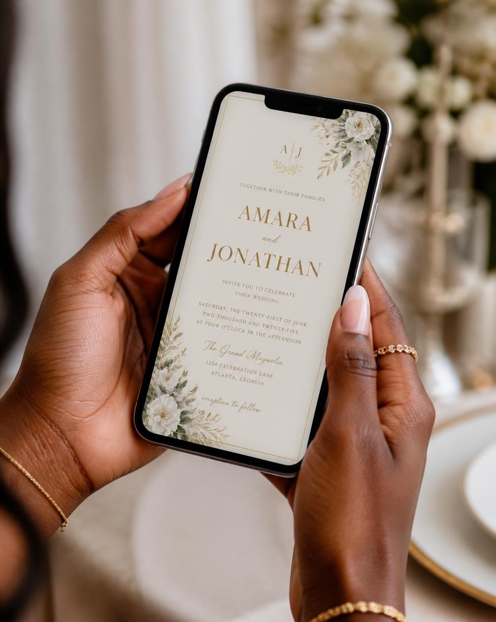 Invitée qui tient un téléphone affichant une invitation WoolyInvit
